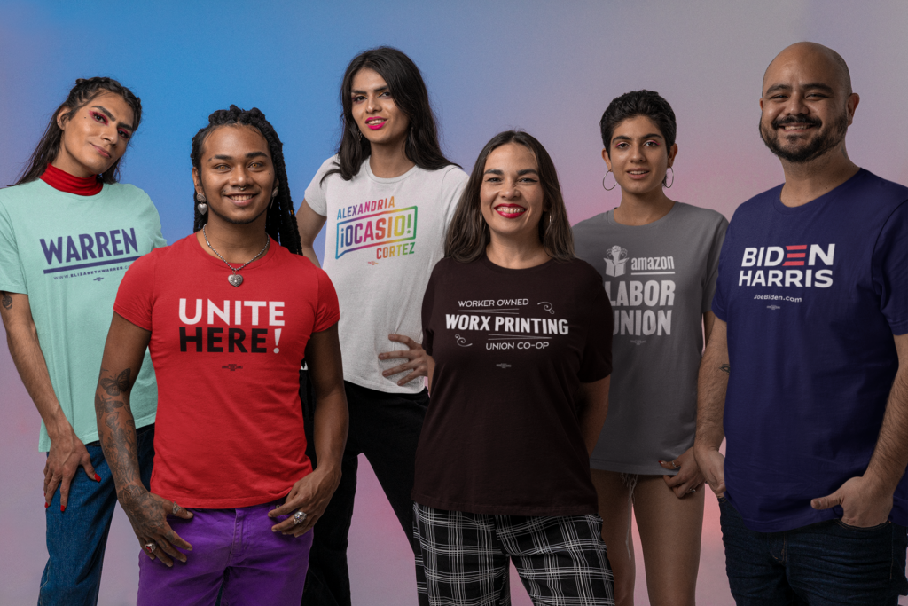A group of people in various union-made t-shirts.