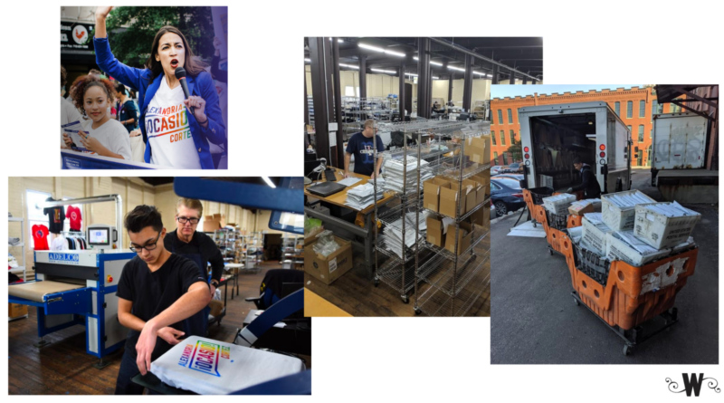 collage of AOC's campaign merch being printed at Worx and shipped out for her followers