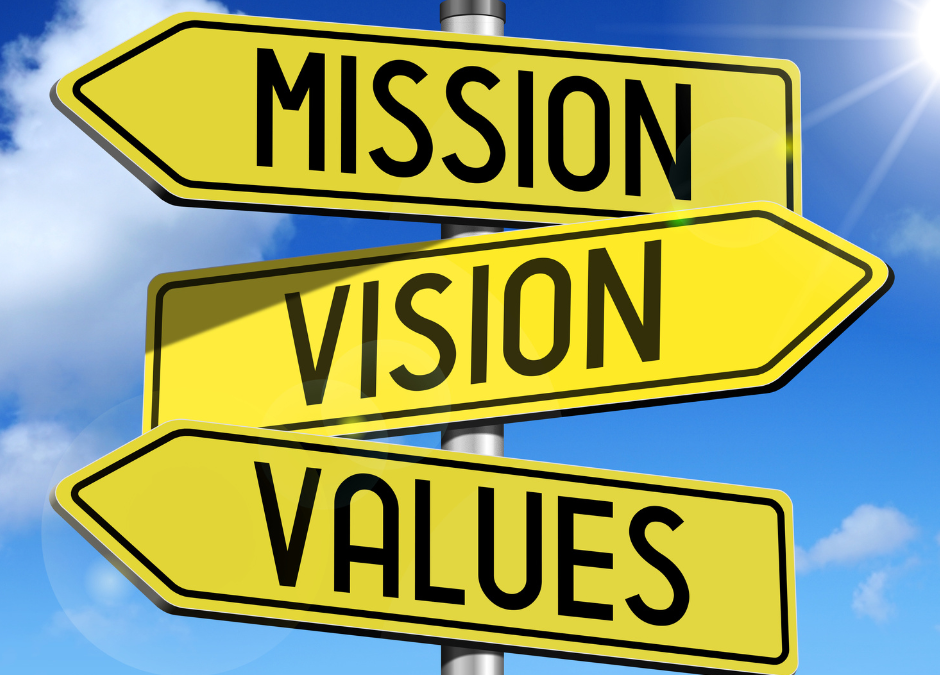 Yellow directional signs saying Mission, Vision, and Values.