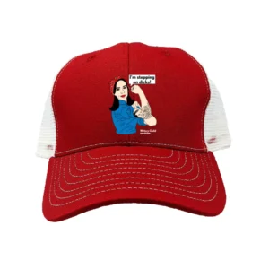 Red trucker hat with custom artwork honoring Lindsay Dougherty of the Teamsters Union