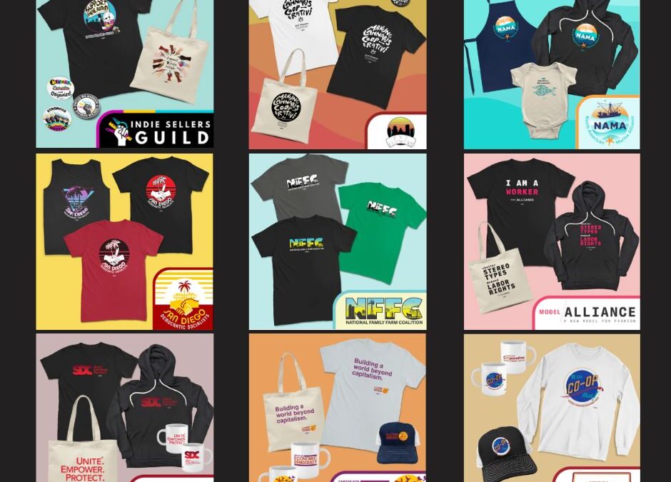 collage of print-on-demand custom merch shops for nonprofits